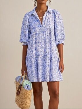 Saule Parc Blue & White Floral Cotton Billow Sleeve Dress Size Medium